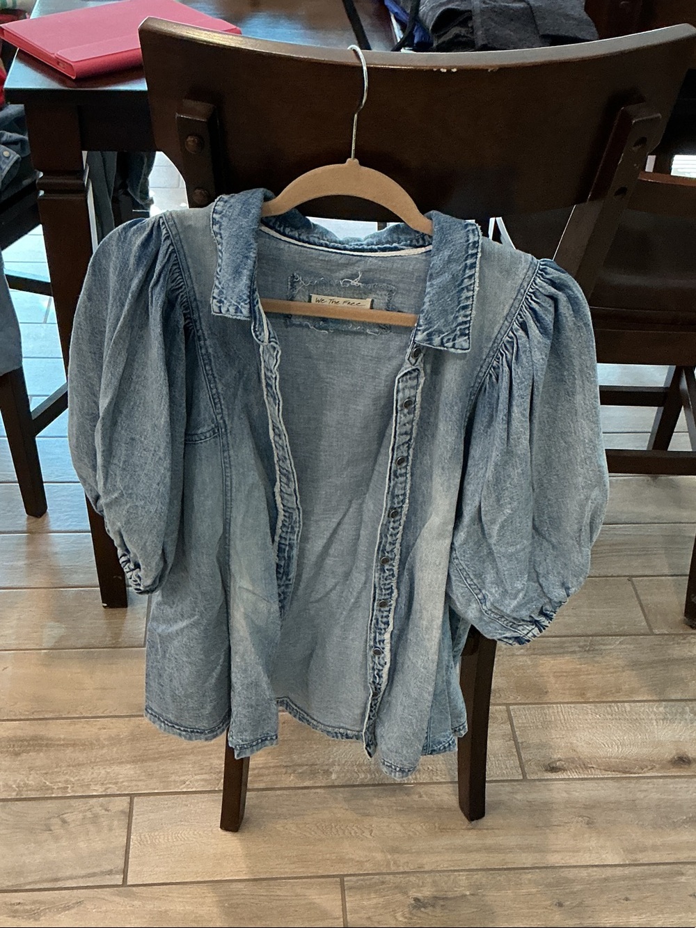 We The Free Light Blue Denim Puff-Sleeve Button-Down Top